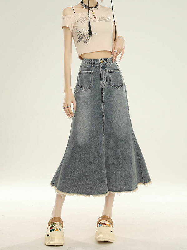 Vintage Denim Skirt for Women, 2024 Autumn Mid-Length High-Waisted Frayed A-Line Bodycon Fishtail Skirt Hem