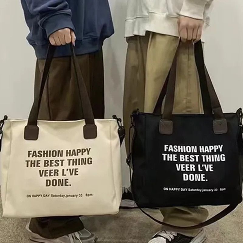Canvas bag female college student class Bag tote 2024 new large capacity shoulder messenger bag niche couple same style