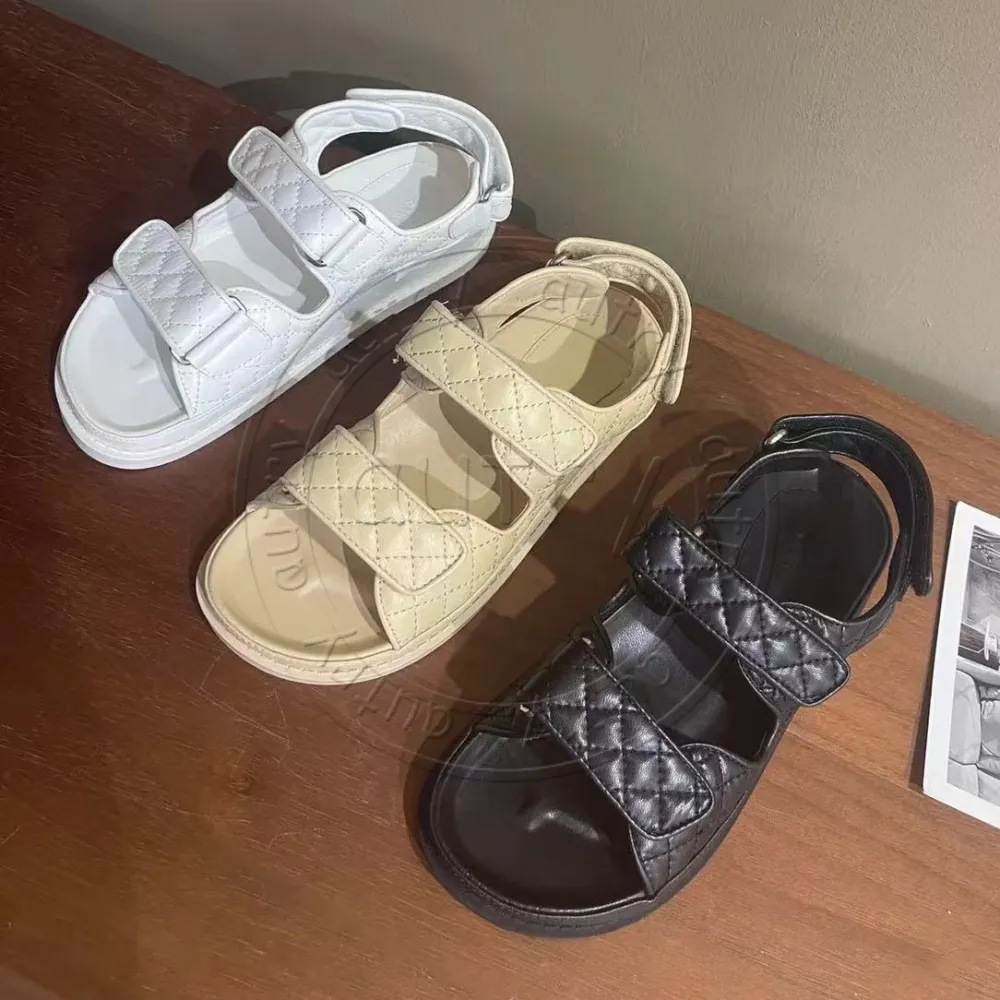 In-Stock Chanel-Style Foreign Trade High-Quality Genuine Leather Versatile Comfortable Fashion Velcro Quilted Roman-Style Flat Sandals