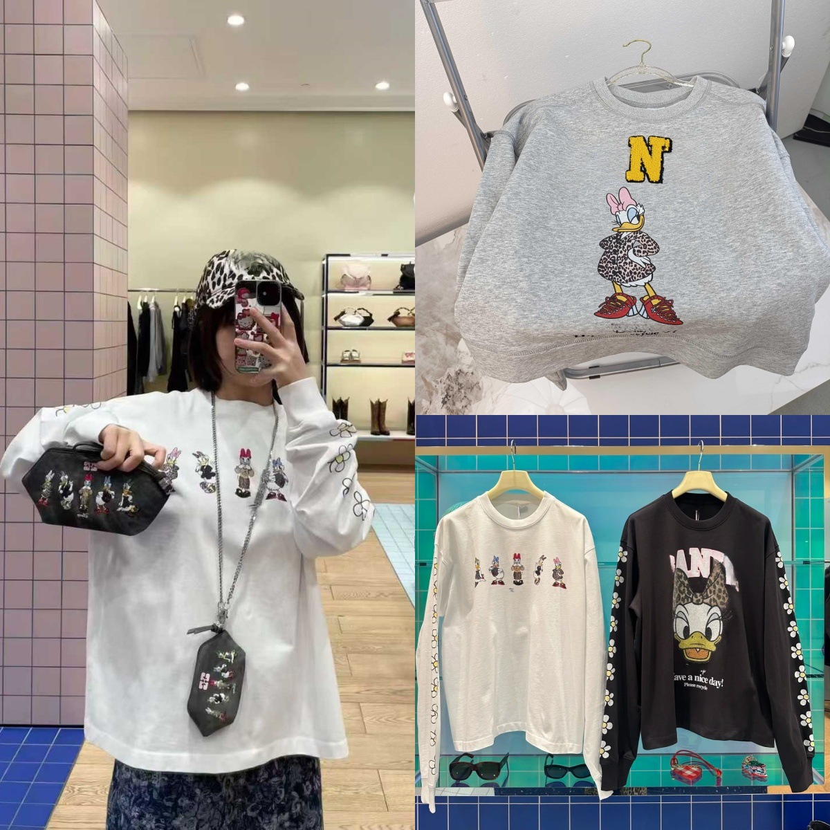 26 Early Spring/Summer Niche Design Letter Donald Duck Embossed Letter Print Round Neck Loose Long Sleeve T-Shirt/Sweatshirt