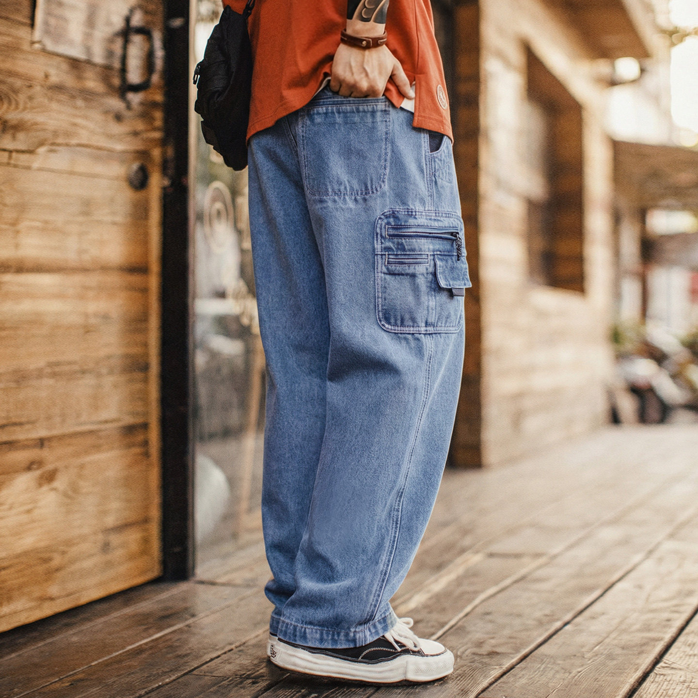 Maden Workwear American-Style Washed Denim Jeans Loose Straight Japanese Pocket Drape Casual Long Pants for Men Spring