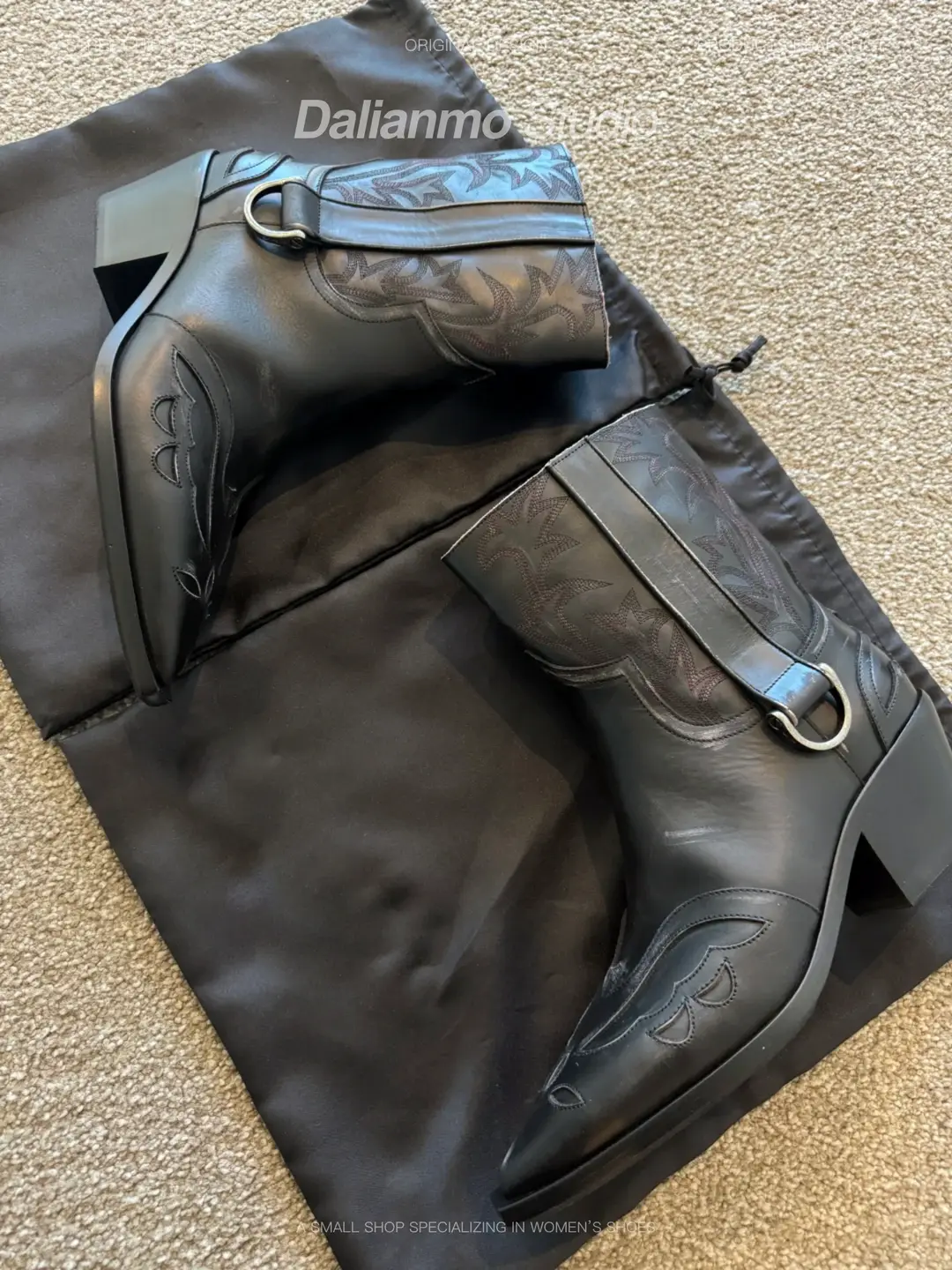 Polished Carved Pointed Toe Western Boots Men's Thick Heel Increased Cowboy Boots Sleeve Short Boots Short Boots Retro Distressed Boots