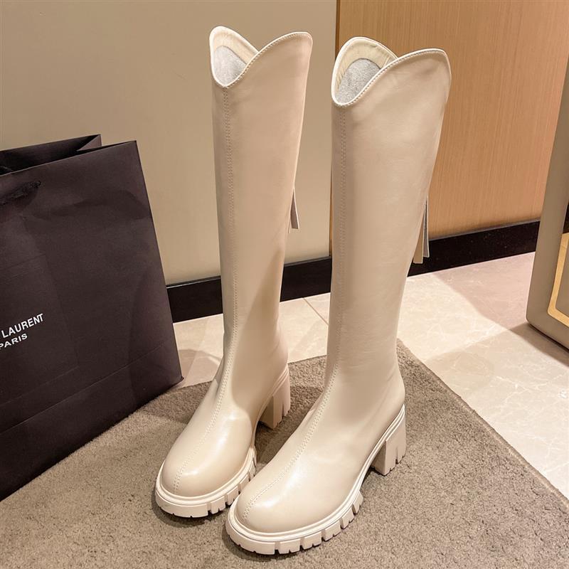 2025 Small Thick-soled Elevated Knights Boots Women's High Boots But Knee-length Boots British Wind-back Zipper Boots