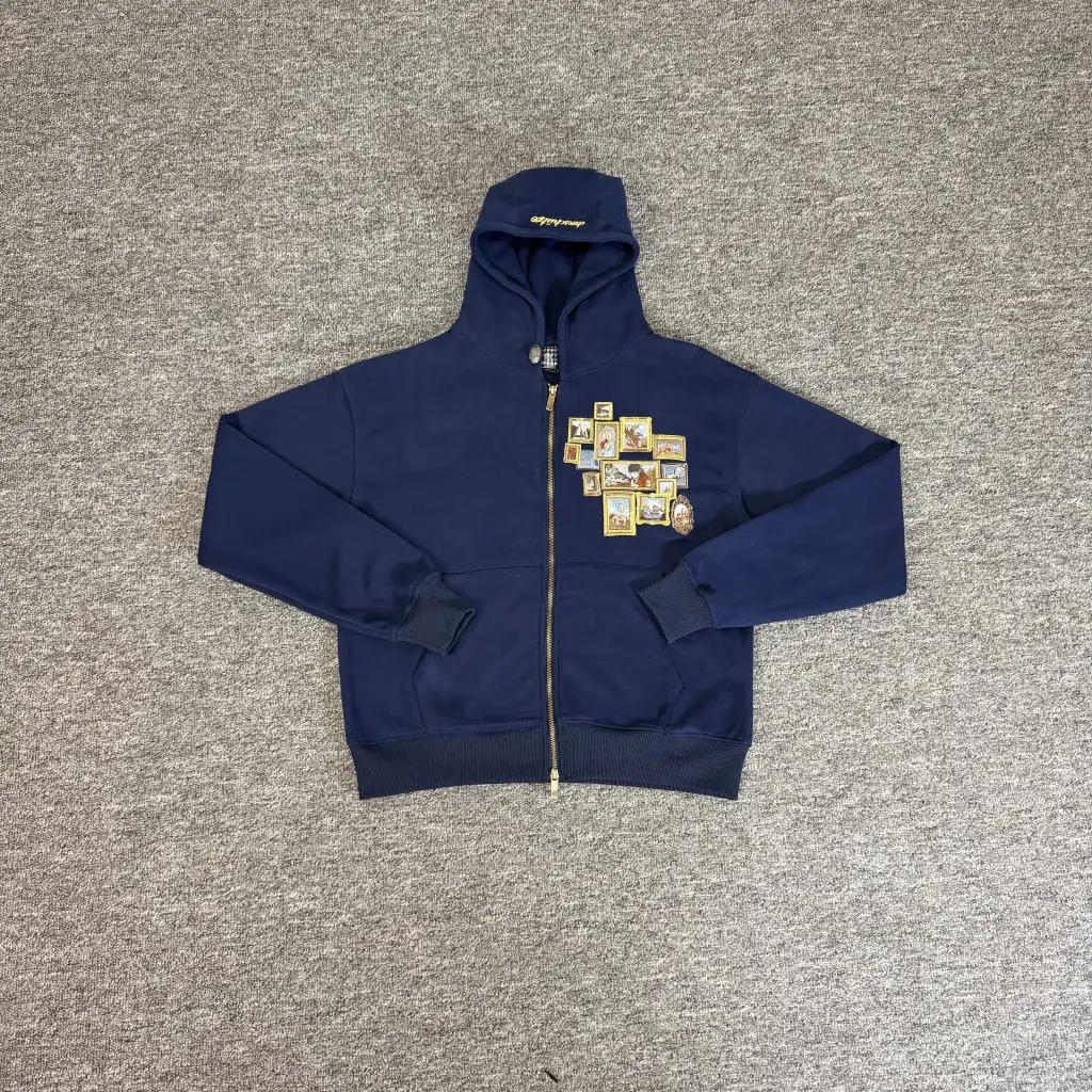 Derschutze Gallery Badge Embroidered Hooded Zipper Sweatshirt Loose Casual Cardigan Jacket for Men and Women