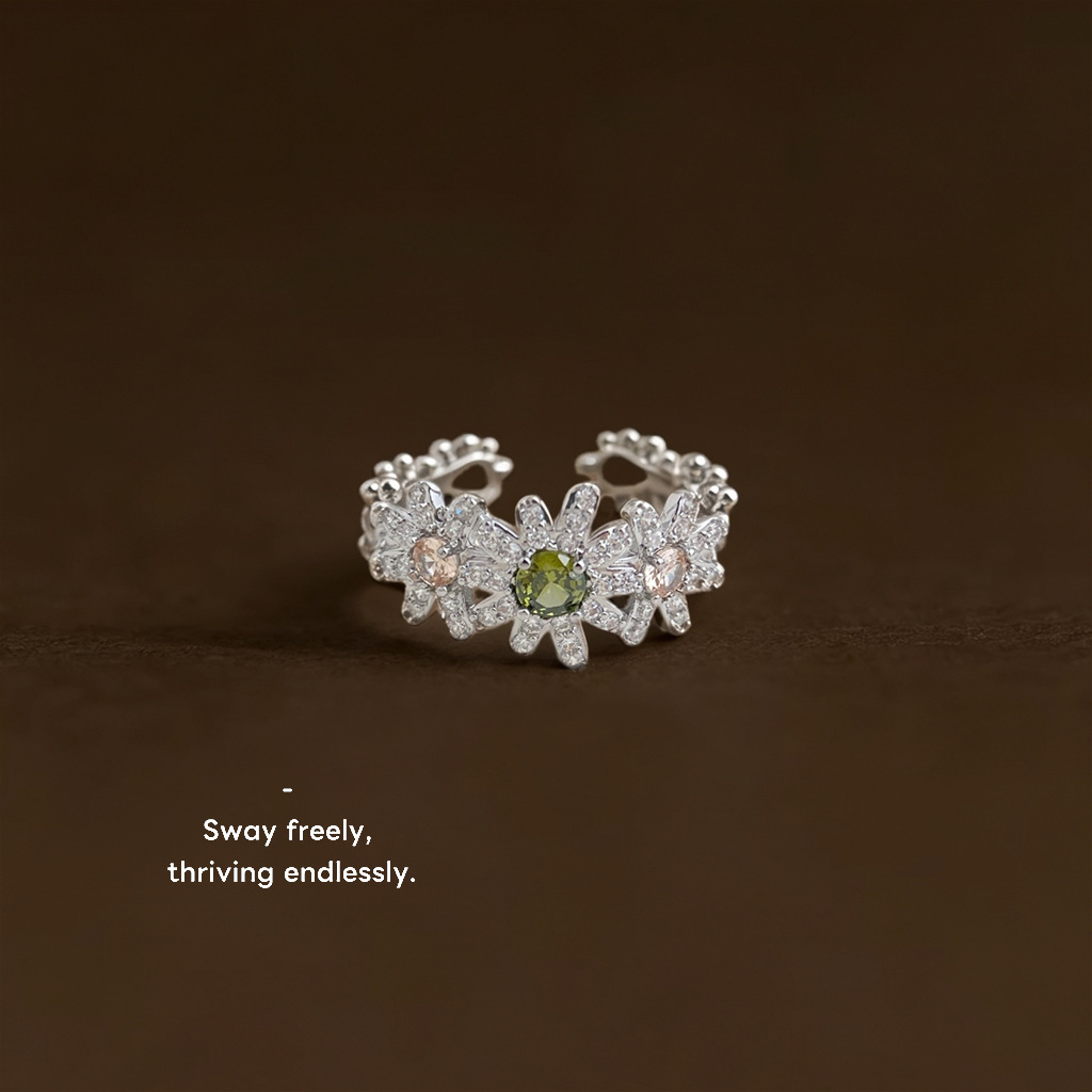Fashionable and High-End Feel, Thick Gold-Plated, Color-Preserving, Micro-Inlaid Zircon Daisy Flower Adjustable Open Ring for the Index Finger