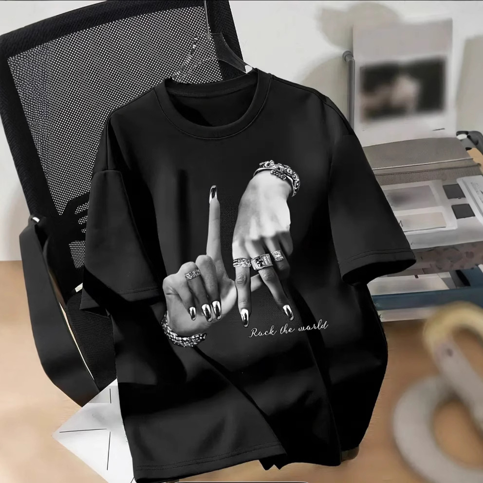 Cross-Border Export Women's Clothing European and American Dark Style Round Neck Off-Shoulder T-Shirt Loose Casual Cool Stylish Short-Sleeved Tops for Women