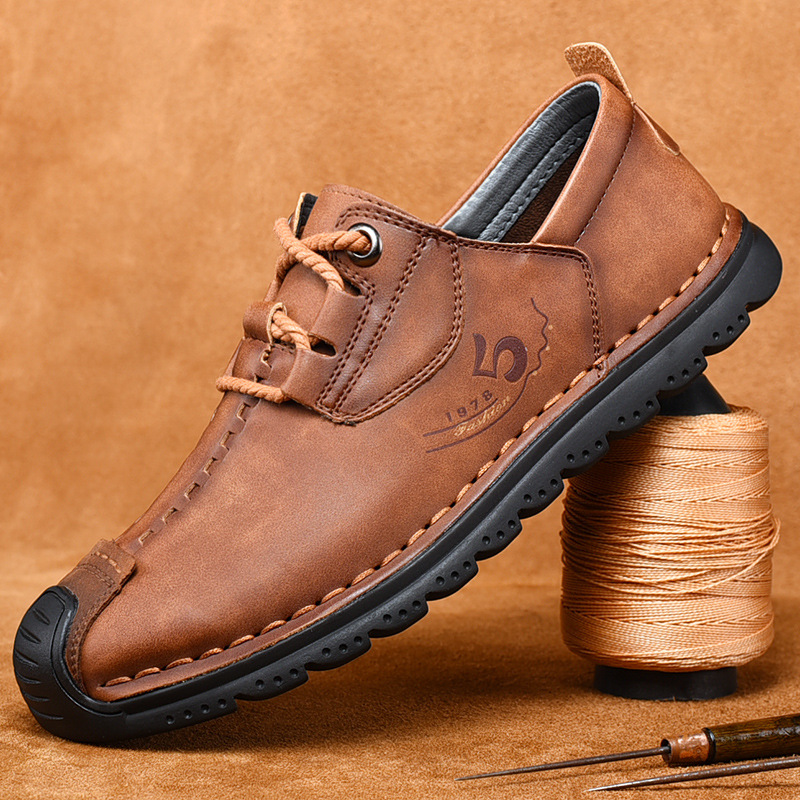 Cross-Border Amazon Popular Men's Leather Shoes Lace-Up Non-Slip Wear-Resistant Soft Sole Casual Men's Shoes Dad Shoes Large Size 4748