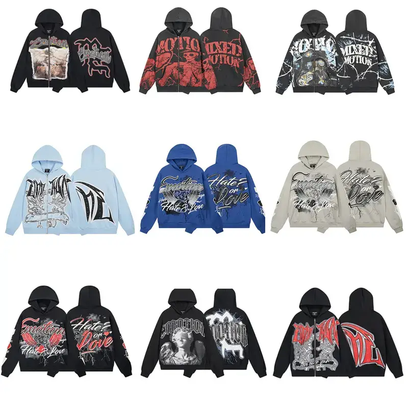 Cross-Border European and American Mixed Emotion High Street Skull Rhinestone Washed Zipper Hoodie and Flared Pants Set