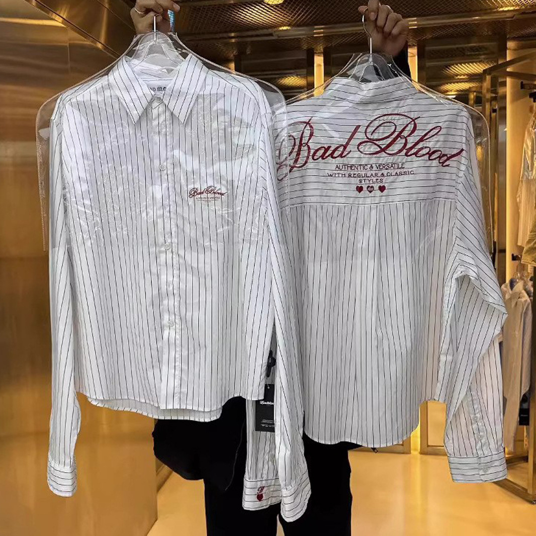 Korean Badblood Bcac Series American Sexy Polo Collar Stripesd Shirt Women's Long-Sleeved Shirt Top Trendy
