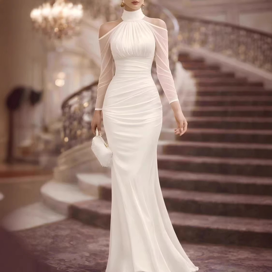Women's Halter Neck Sexy Fashion Party Long Dress Amazon New Elegant Sheer Off-Shoulder Long Sleeve Evening Gown