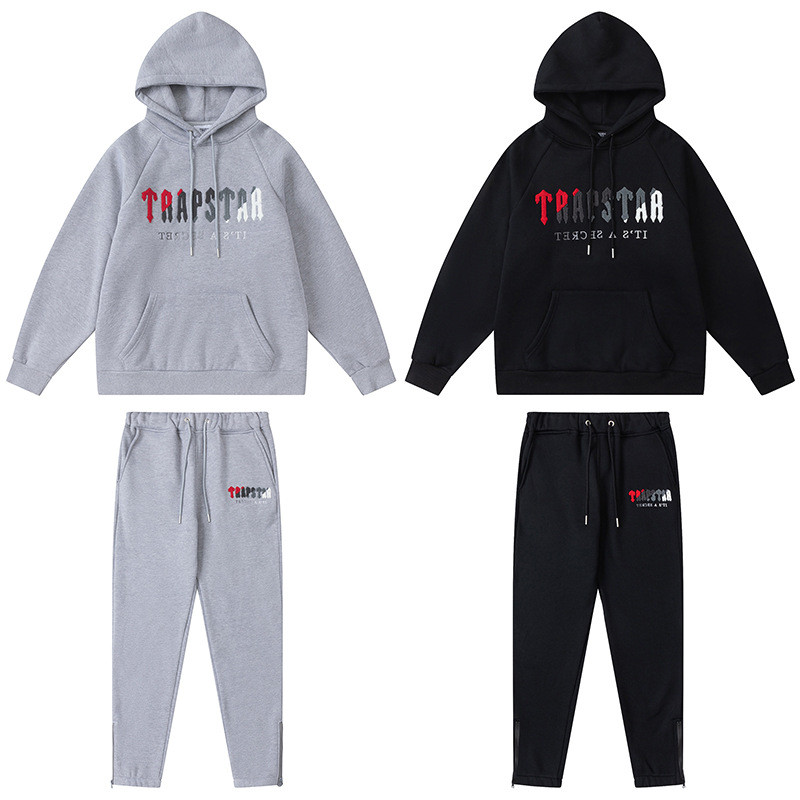 ①Trapstar Set with Lettering, Casual, for Young People, Cotton, Red and Black, Towel Embroidery, Fleece-Lined Sweatshirt and Sweatpants
