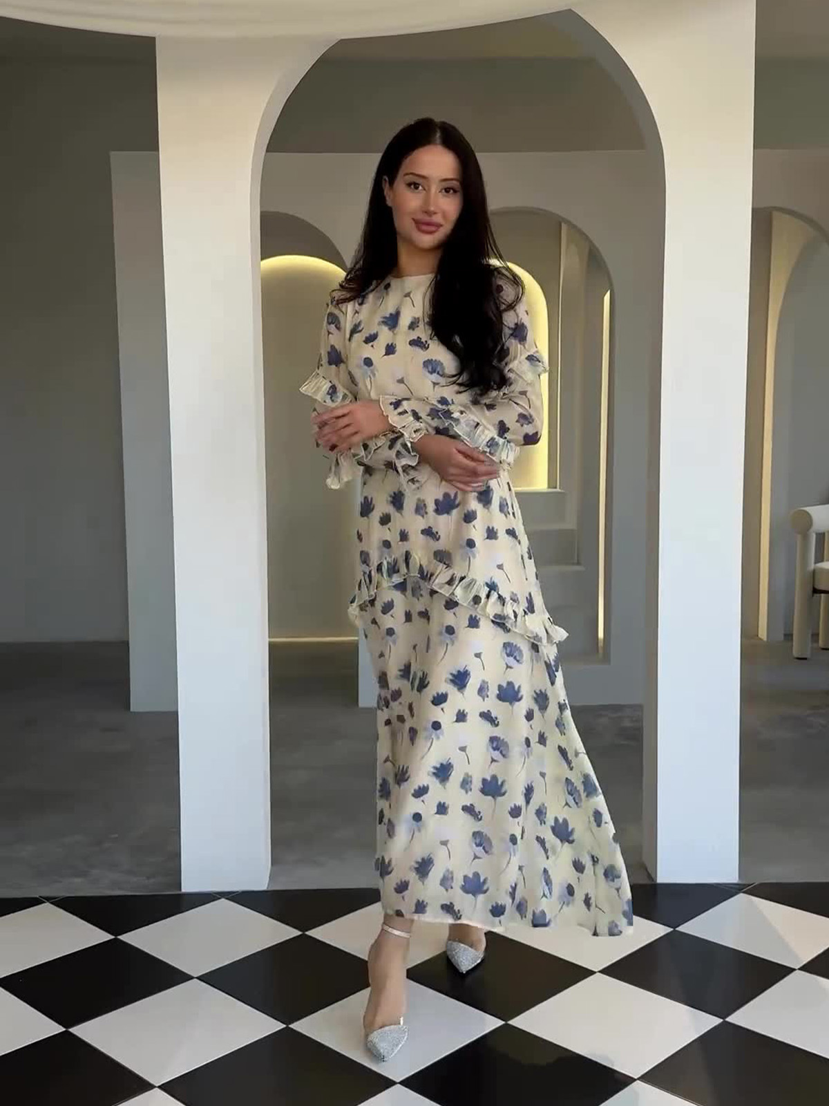 European and American Amazon 2026 New Style Gentle Floral Dress for Women, Round Neck Long Sleeve Ruffle Dress