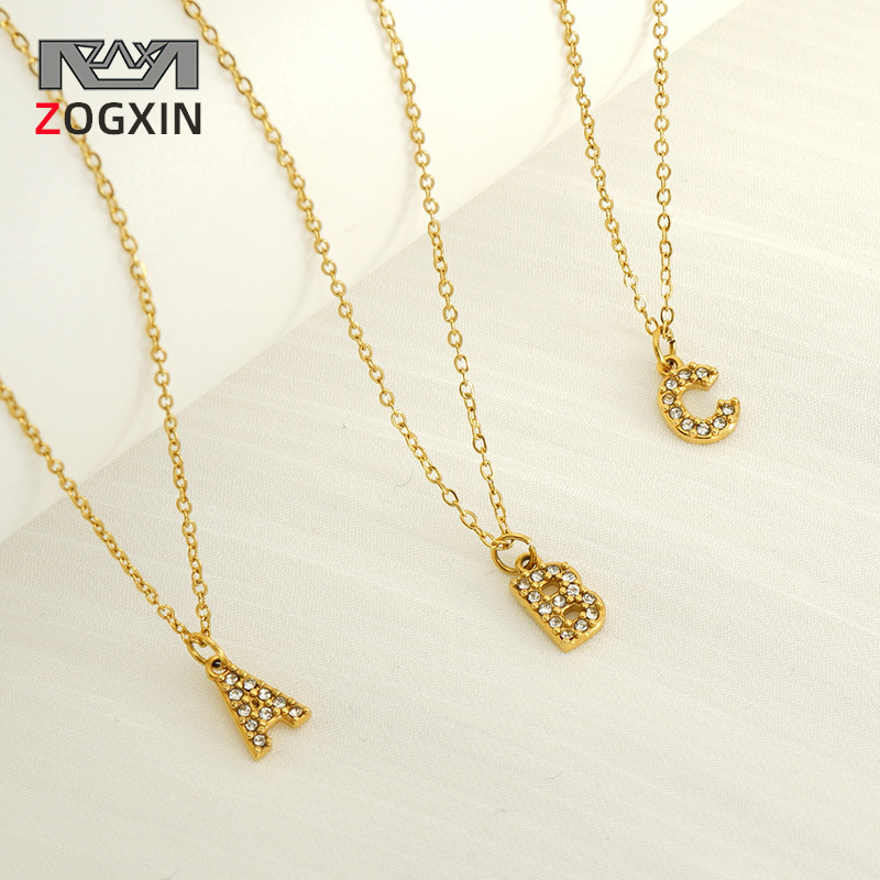 Cross-border European and American Stainless Steel Fashion 26 English Diamond Small Letter Necklace Simple All-match Clavicle Chain in stock Women