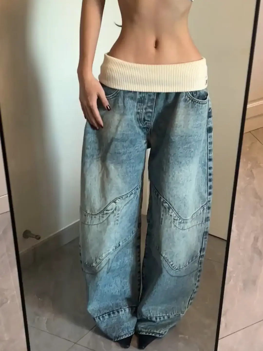 American-Style Vibe, Plus-Size, Retro Design, Ribbed Waistband Jeans for Women, High Street, Edgy, Distressed, Washed, Floor-Length Pants