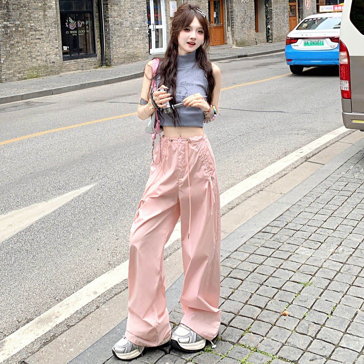 American Sexy Straight Cargo Pants Women's Summer New Bow Drawstring Casual Wide-leg Pants Parachute Sweatpants