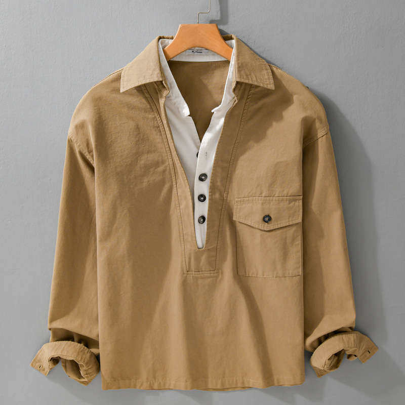 Old Money Style Fake Two-Piece V-Neck Long-Sleeve Shirt for Men, Spring and Autumn Layering Men's Shirt, Trendy Loose Shirt 6195