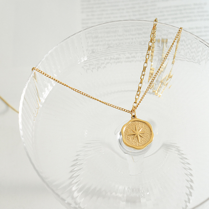 Unique Double-Layer Chain European and American Internet Celebrity Hot Style Star Round Pendant Double Titanium Steel Collarbone Chain Women's Jewelry Simple