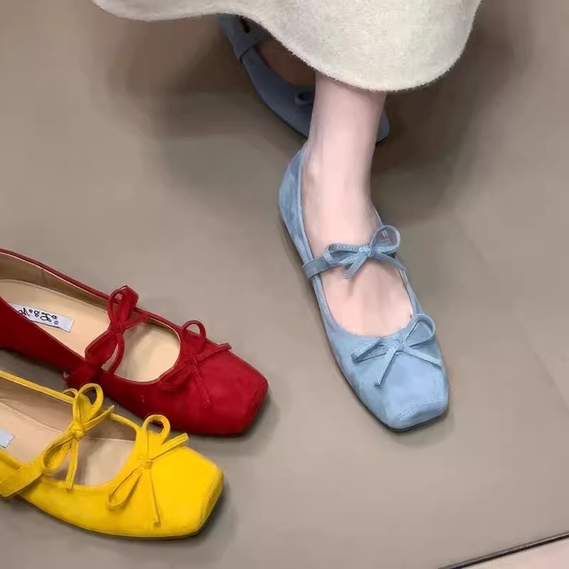 French Retro Suede Mary Jane Shoes for Women 2025 New Style Bow-Knot Flat-Soled Ballet-Style Gentle Evening Shoes