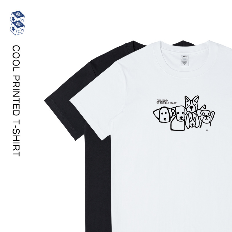 Commuting Line Puppy Short-Sleeved Versatile T-Shirt for Men and Women Couples Summer Printed Trendy Loose Round Neck Top Ins White