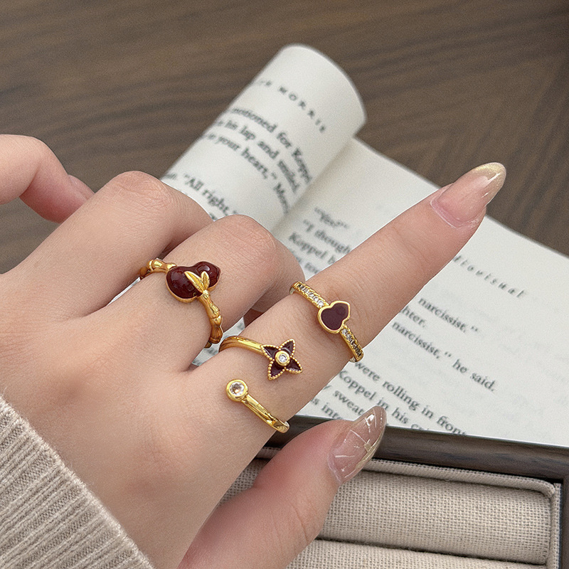 Xiaohongshu's Popular Four-Leaf Clover Gourd-Shaped Angora Red Enamel Open Ring with Zirconia, Stackable and Versatile Ring