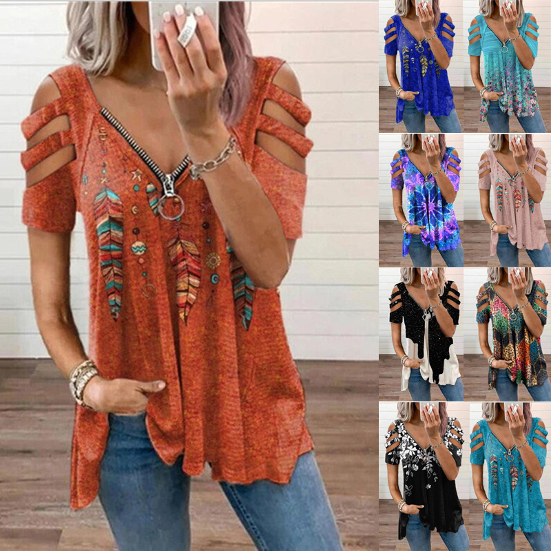 2026 European and American Cross-Border Wish Foreign Trade Women's Clothing V-Neck Zipper Pullover Short-Sleeved Loose T-Shirt Women's Hollow-Out Top