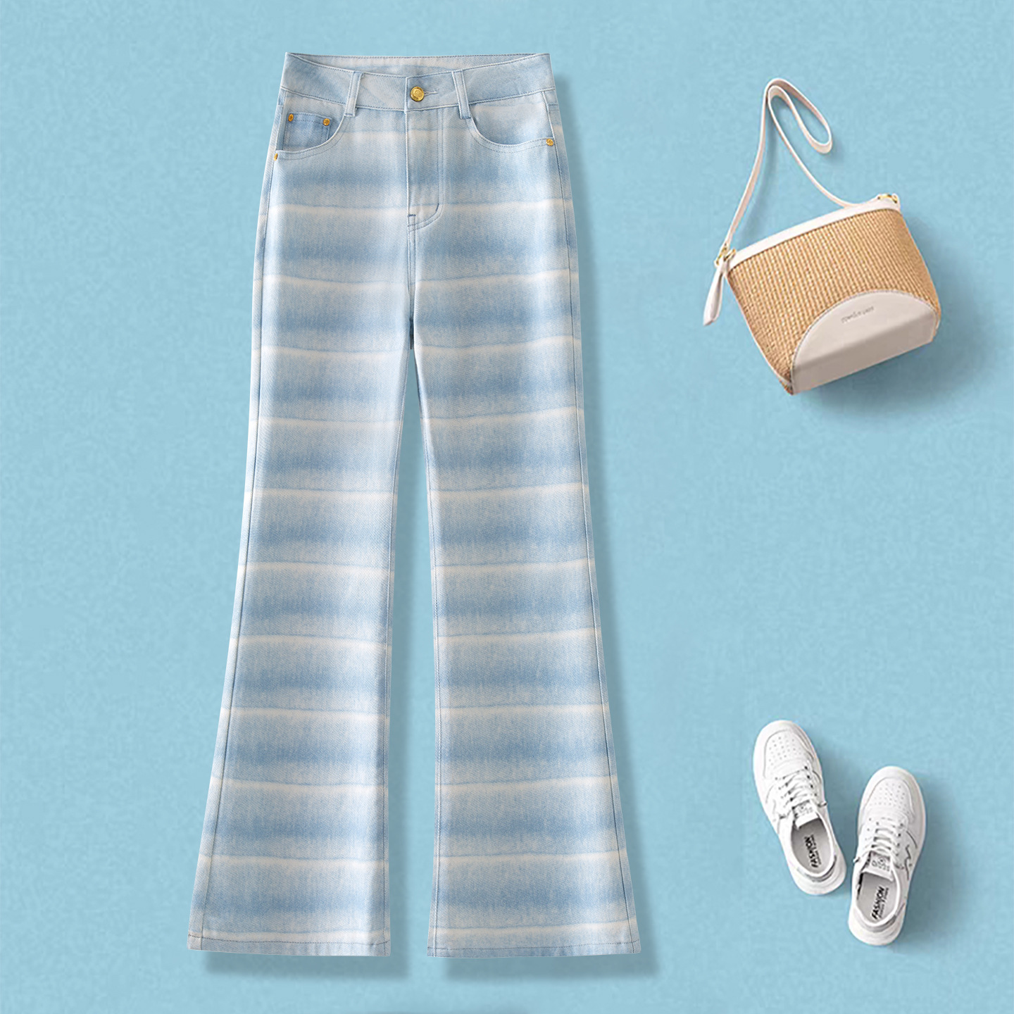 Fashionable Gradient Striped Denim Flared Pants for Women, 2026 Summer New High-Waisted Slimming Tummy Control Wide-Leg Pants