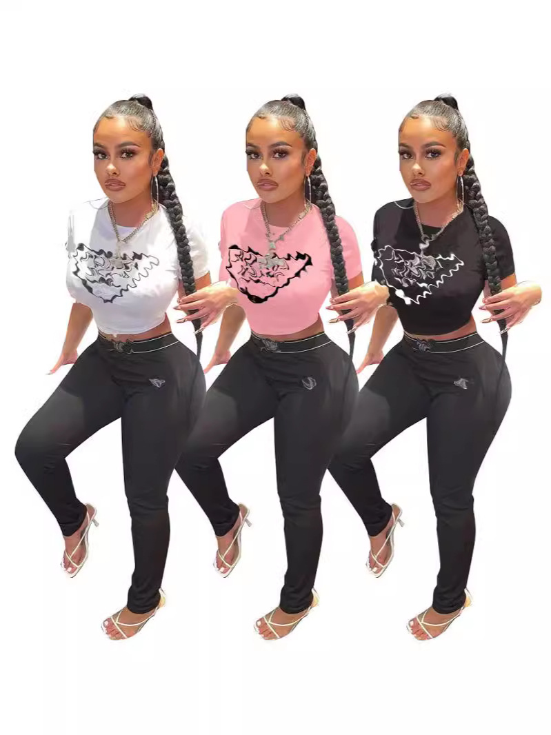 Y71320 New Cross-border European and American Independent Station High Street Tide Brand Wear Two Pieces of Letter Printed Short Sleeve T-shirt Trousers