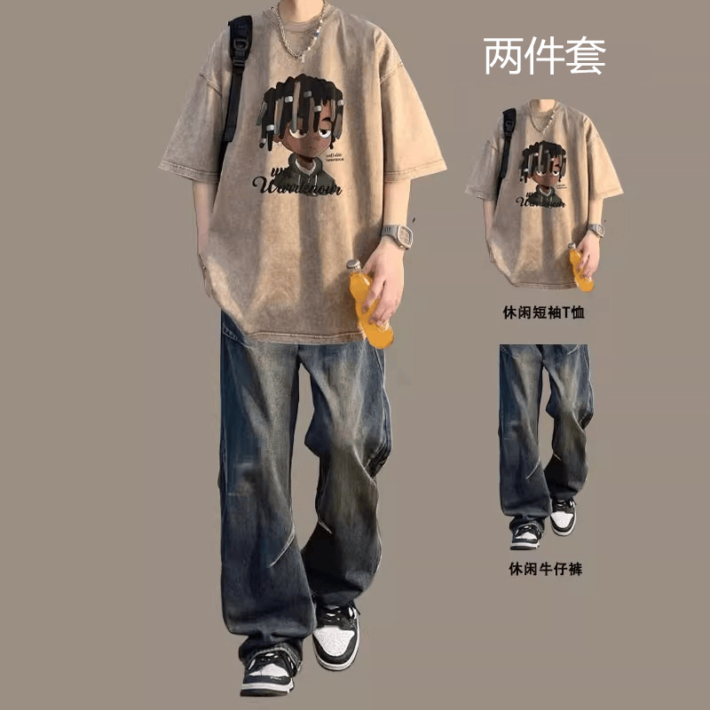 American-Style Short-Sleeved Suit for Men, Washed T-Shirt Set Paired with Jeans, Cool Men's Two-Piece Set, Summer Thin Style