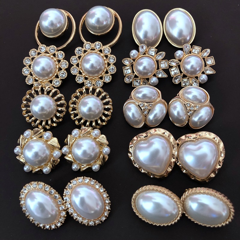 New White Pearl silver pin earrings without earholes ear clip spiral edge heart-shaped variety of vintage earrings