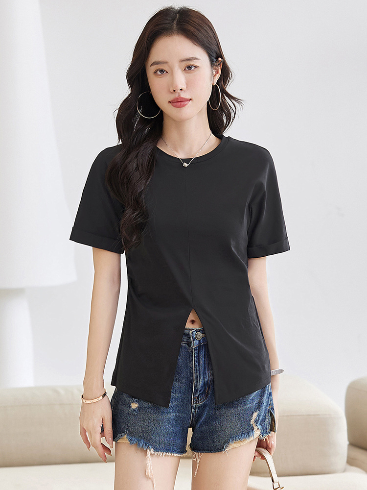 Cotton Short-sleeved Women's T-shirt Slit Small Sexy Double-sided mercerized Cotton All-match Korean-style Turnaround Cuff Head Women's Top