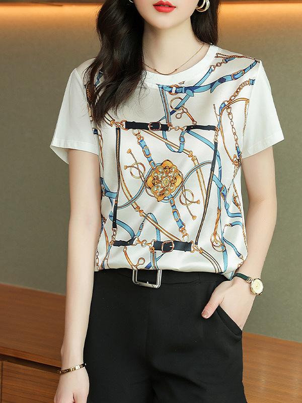 Hangzhou Silk T-Shirt 2026 New Summer Short-Sleeve Round-Neck Versatile Printed Cotton and Mulberry Silk Patchwork Casual Top