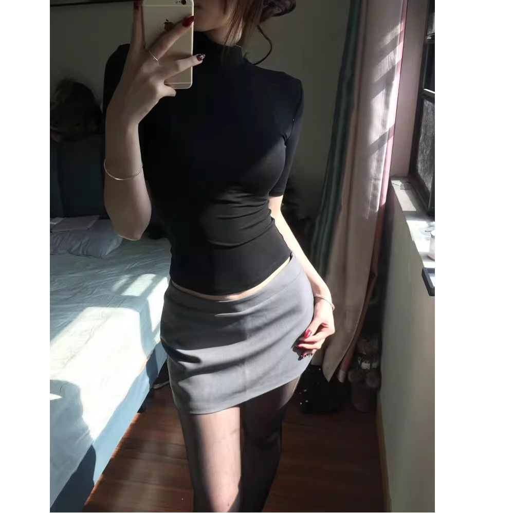 1*1 rayon French Style Elegant Hot Girl Style High Neck Middle Sleeve T-shirt Women's Black Summer New Slim Fit Shoulder Fashion