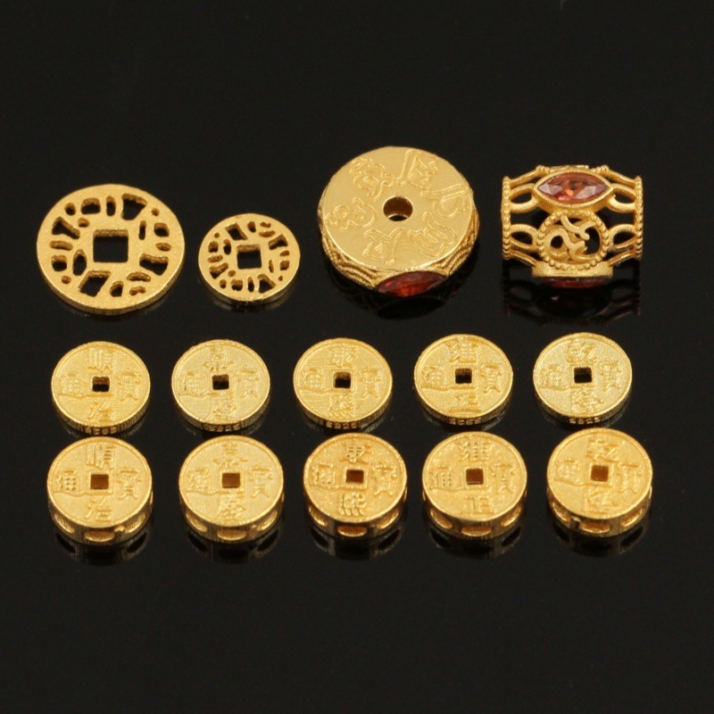 925 Ancient Silver Gold-Plated Garnet Bread Beads Dragonfly Bucket Beads Coins Five Emperors Money Wheel Beads DIY Jewelry