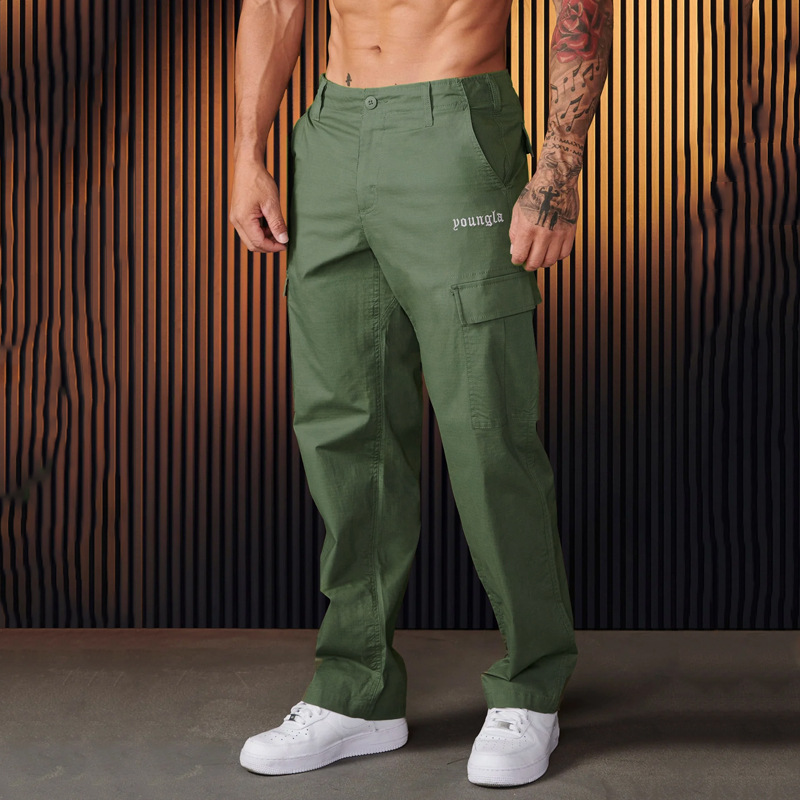 YOUNGLA new large pocket overalls men's autumn stitching solid color casual sports loose straight pants