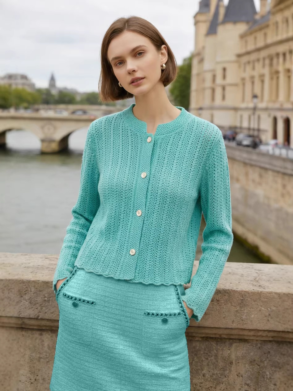 Lp Style Light Luxury Hollow Jacquard Small Stand Collar Sweater for Women, Autumn and Winter Chanel-Style Merino Pure Wool Knit Cardigan