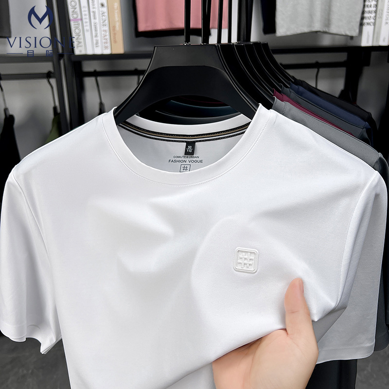 2025 Summer New Men's T-shirt Containing Mulberry Silk Youth Round Neck Casual Thin Short-sleeved Men's Breathable Quick-drying