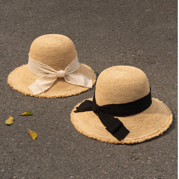 Mad Hatter French-Style Raffia Fisherman Hat for Women, Spring and Summer Sun Protection Shopping Straw Hat, Bowknot Sun Hat 25