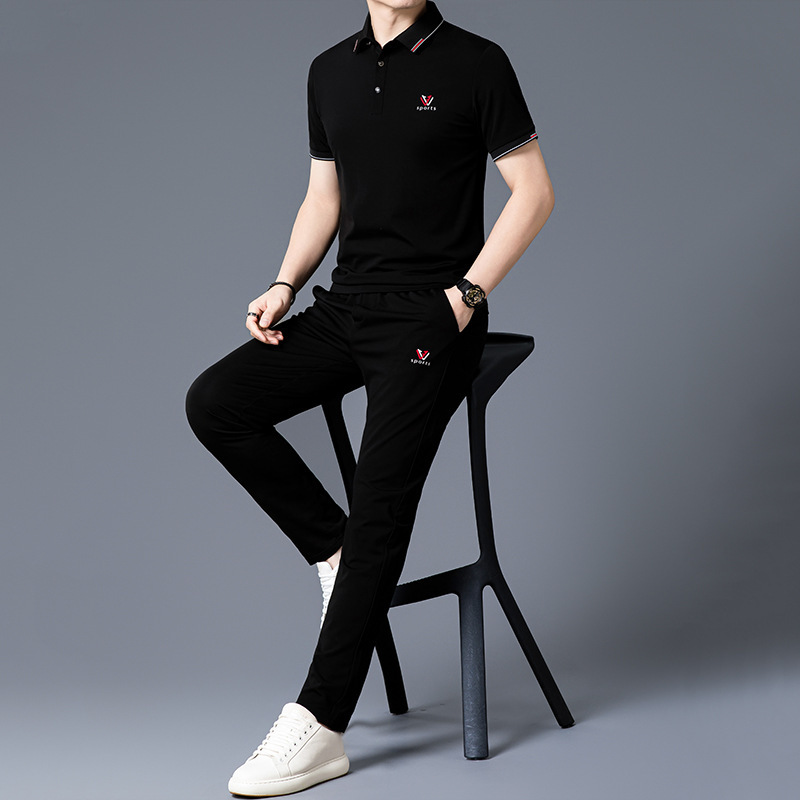 Men's Short-Sleeved T-Shirt Pants Sports Suit Summer New Lapel Polo Shirt Young and Middle-Aged Casual T-Shirt Men's Clothing