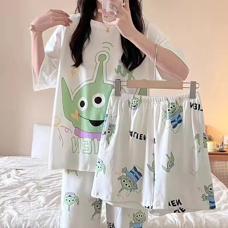 Japanese-Style Women's Summer Pajamas, Short-Sleeved and Long-Pants, Sweet Cartoon Design, Suitable for Students, Can Be Worn Outside, Spring and Summer Homewear Three-Piece Set