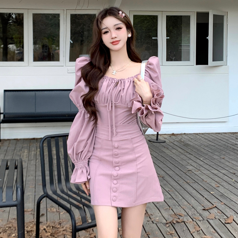 Fashionable elegant suit women's autumn high-grade French style square collar pleated shirt top high waist skirt two-piece set