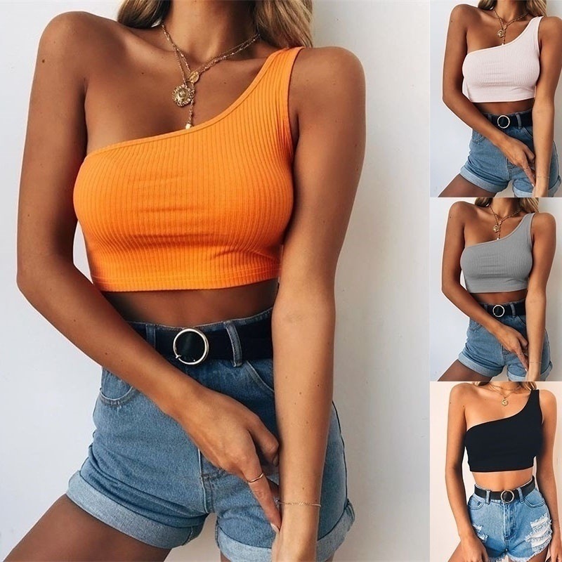 Spot new wish Amazon ebay hot solid color low cut sleeveless umbilical shoulder neck vest OM8852