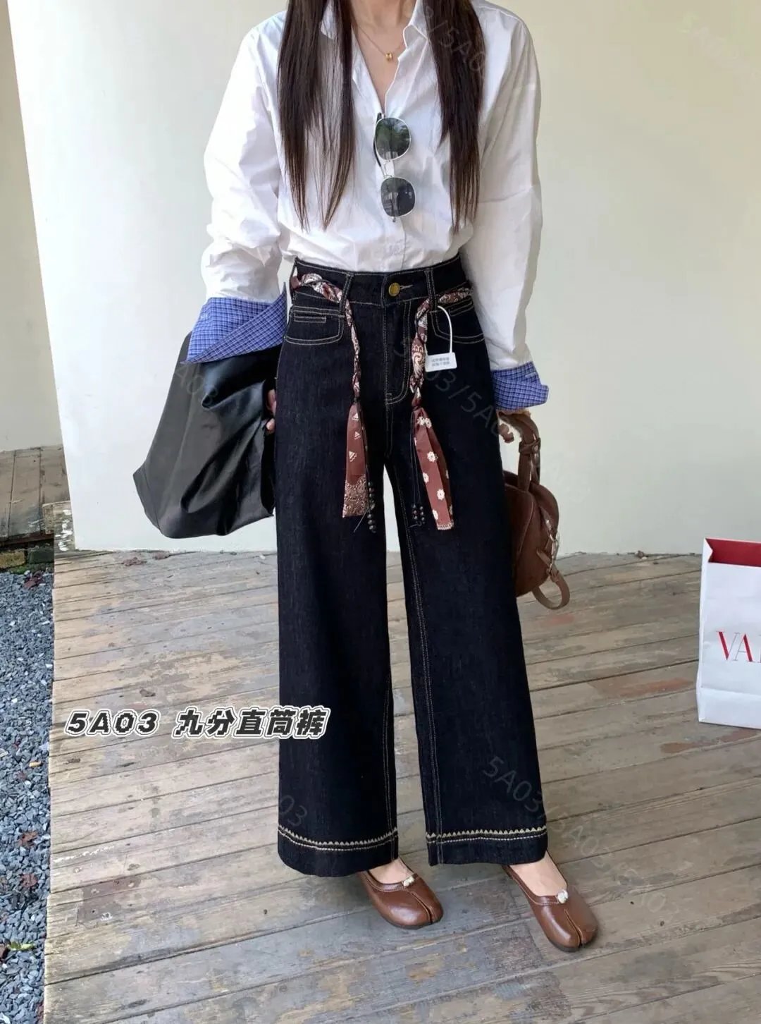 【051】告别普通!法式慵懒!自带丝带腰带的牛仔九分直筒裤女