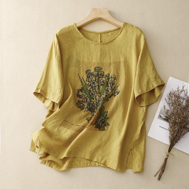 Cotton and Linen Round Neck Printed T-Shirt for Women, Loose Slimming Pullover Short-Sleeved Top, Casual and Versatile T-Shirt 2026 Summer New Style