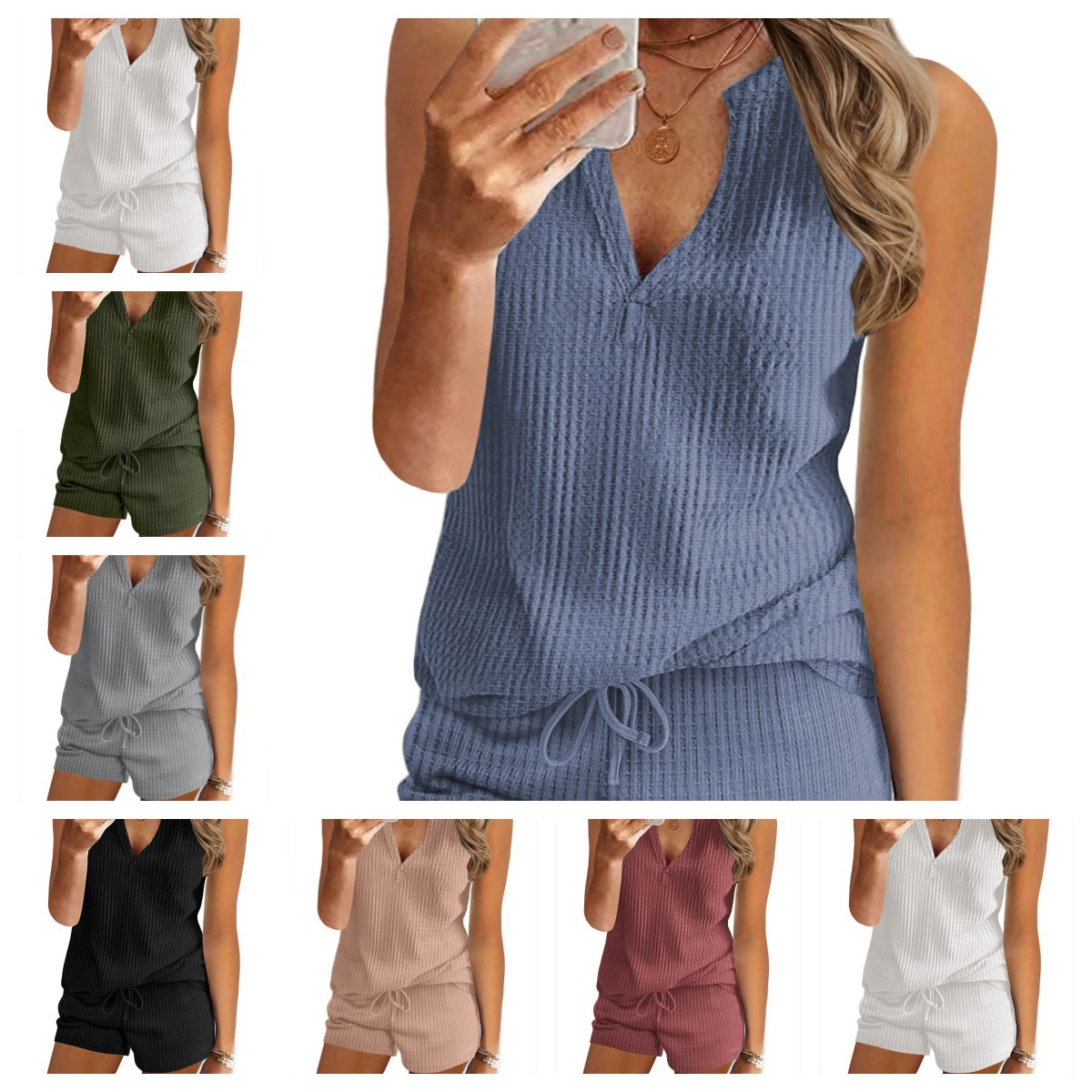 European and American Waffle Knit Vest Set Amazon Summer Loose Fashion Casual V-Neck Vest Shorts Loungewear for Women