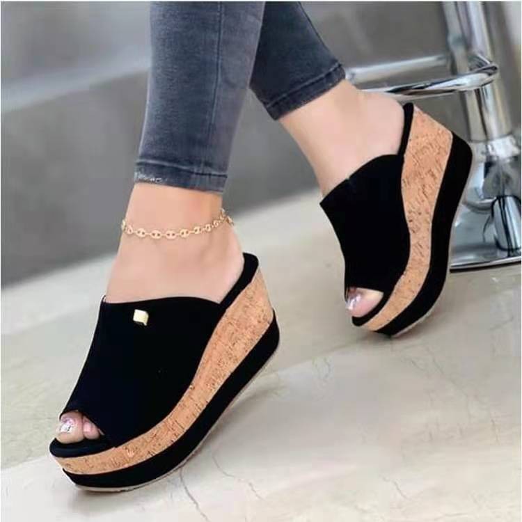Amazon Independent Station AliExpress 2021 Foreign Trade Summer Fish Mouth Thick Bottom Wedge Retro Sandals and Slippers Women's Spot