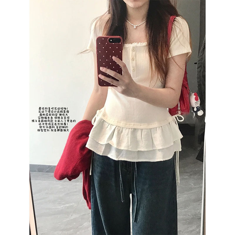 Cashmere Water Fleece Cotton Pure Desire Style Korean Ballet Style Lace Stitching Design Sense Hem Summer New Style Top Fashion
