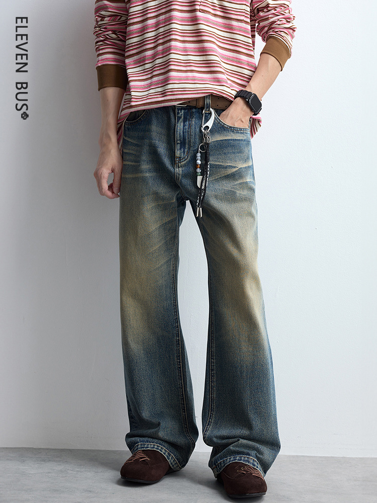 Cleanfit American Retro Distressed Straight-Leg Flared Jeans for Men, Trendy High-Street Casual Denim Pants for Men