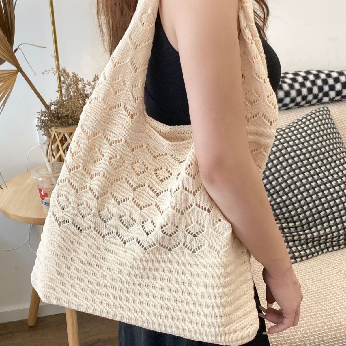 New Style Hollow-Out Retro Wool Shopping Bag Women's Bag Mesh Hand-Woven Bag Handbag Shoulder Bag Knitted Bag
