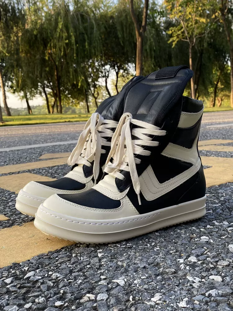 Ro Fabled Large Hook Inverted Triangle High-Top Shoes Black and White Men's Shoes Genuine Leather Large Size Thick-Soled European and American Trendy Short Boots for Women