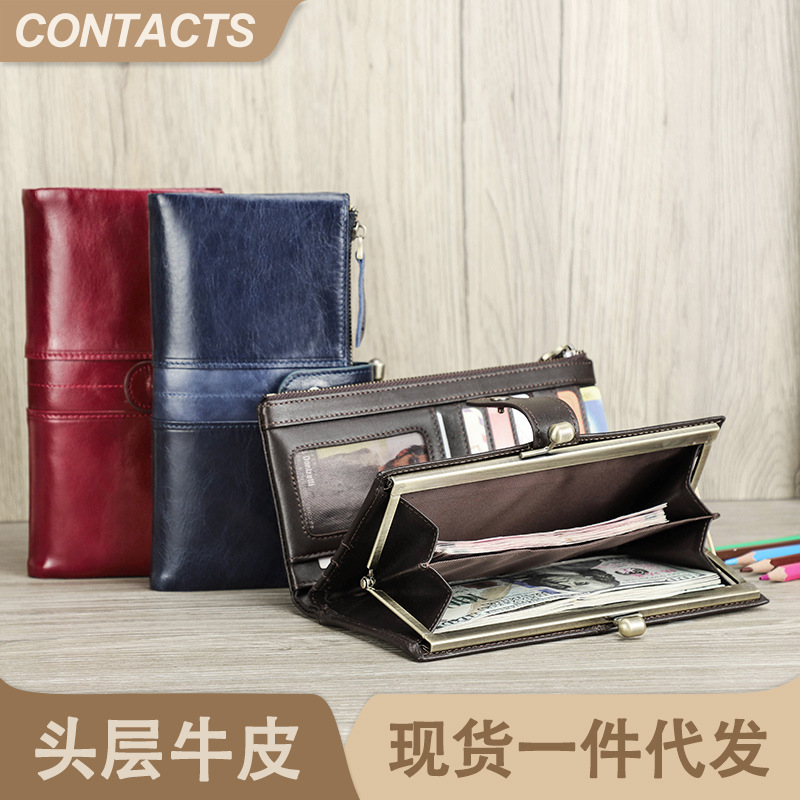 Black Angel RFID Anti-theft Brush Layer Cowhide Long Women's Wallet Fashionable High-end Iron Leather Women's Wallet